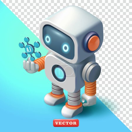 Téléchargez les illustrations : Mignon robot tenant puce A.I, vecteur 3d. Convient aux entreprises, à l'éducation et à la technologie - en licence libre de droit
