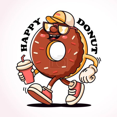Donut spaziert lässig mit Getränken, Retro-Maskottchen-Charakter. Perfekt für Logos, Maskottchen, T-Shirts, Aufkleber und Poster