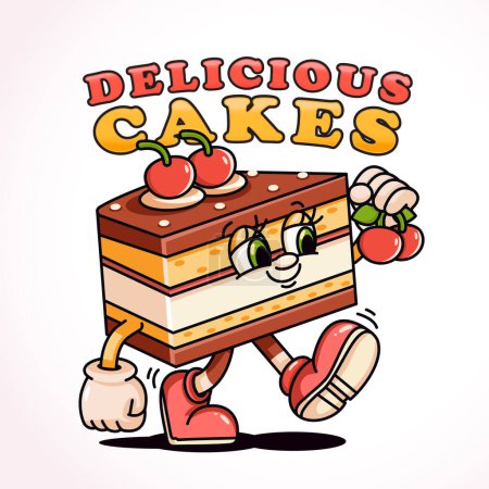 Illustration for A piece of cake walks while carrying a cherry, a retro mascot. Perfect for logos, mascots, t-shirts, stickers and posters - Royalty Free Image