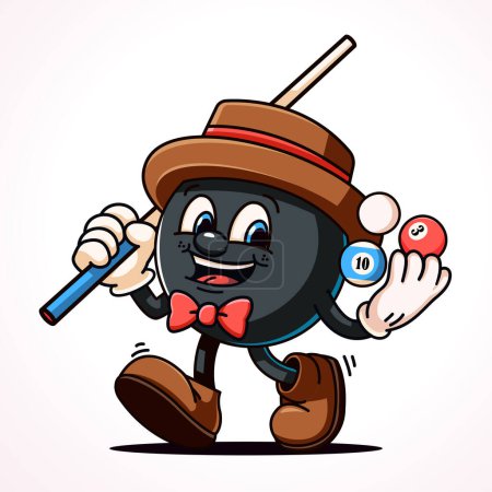 Téléchargez les illustrations : Balle noire de billard portant bâton et balle, mascotte de dessin animé - en licence libre de droit