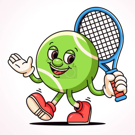 Ilustración de Pelota de tenis con raqueta de tenis, mascota de dibujos animados - Imagen libre de derechos