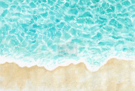 Watercolor painting nature background of blue sea water and summer seascape beautiful waves, tropical nature, sea with waves splashing and beach sand concept. Hand painted texture style on paper.