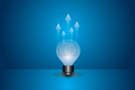 Glühbirne mit Pfeilen auf dunkelblauem Hintergrund. Ideen inspirieren Konzepte der Unternehmensgründung oder strategischen Planung, Führung, Kreativität des Menschen. Kopierraum. Illustrationsstil.