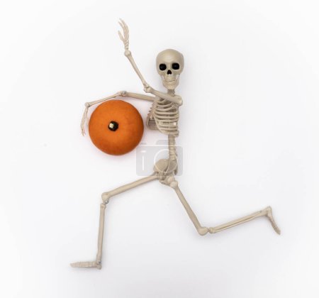 Téléchargez les photos : Squelette courant et agitant avec de la citrouille sur fond blanc. Concept Halloween - en image libre de droit