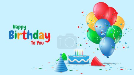Téléchargez les illustrations : Fond joyeux anniversaire coloré avec des ballons 3D, chapeau d'anniversaire, gâteau d'anniversaire et confettis. adapté pour carte de vœux, bannière, affiche, invitation, message sur les médias sociaux, etc. illustration vectorielle - en licence libre de droit