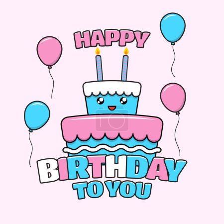 Téléchargez les illustrations : Design vectoriel joyeux anniversaire avec personnage de gâteau d'anniversaire mignon et ballons de couleur bleue, blanche et rose. adapté aux enfants - en licence libre de droit