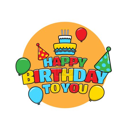 Téléchargez les illustrations : Joyeux anniversaire coloré salutations avec des ballons, chapeau d'anniversaire et gâteau. adapté aux enfants. illustration vectorielle - en licence libre de droit