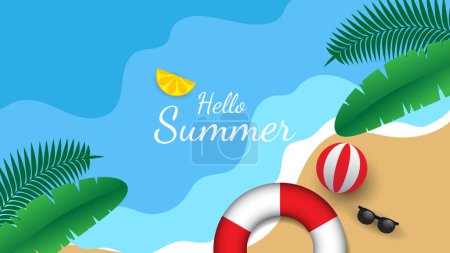 Ilustración de Fondo de verano con arena de playa, bolas de playa, neumáticos de playa, gafas y hojas tropicales - Imagen libre de derechos