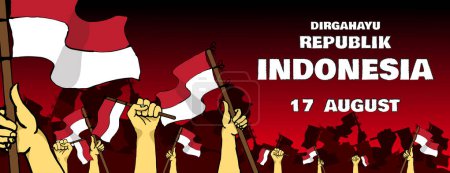 Téléchargez les illustrations : Indonesia bannière de jour de l'indépendance avec illustration de style dessinée à la main sur fond rouge - en licence libre de droit