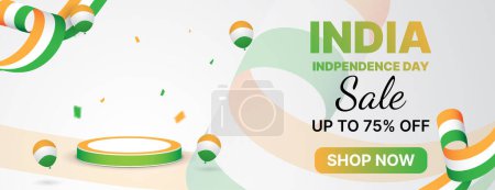 Illustration for India independence day sale banner design with podium, balloons and confetti - Royalty Free Image