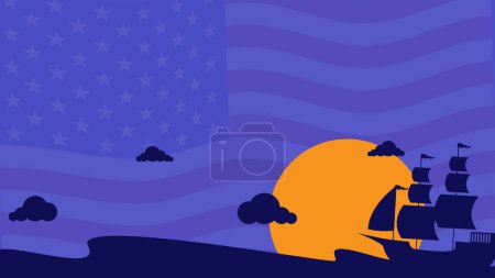 Ilustración de Columbus day background con silueta de barco, bandera americana y área de espacio de copia. - Imagen libre de derechos