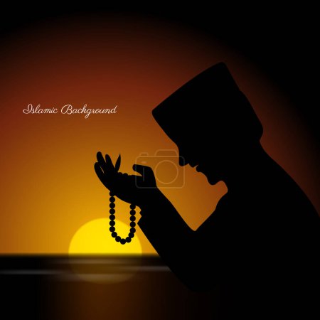 Téléchargez les illustrations : Fond islamique.silhouette d'un musulman priant avec le fond du coucher de soleil. illustration vectorielle - en licence libre de droit