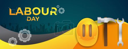 labour day banner design with helmet, tools and a city. vector illustration