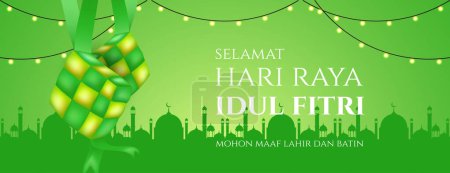 Selamat hari raya idul fitri banner design avec ketupat le symbole de la nourriture indonésienne. illustration vectorielle