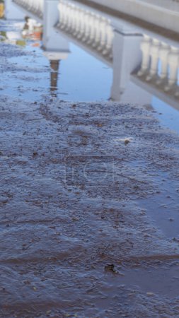 Stadtbrücke spiegelt sich auf nassem Asphalt, heitere Stadtlandschaft, Klarheit nach dem Regen
