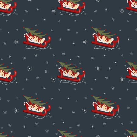 Illustration for Christmas and Happy New Year vector seamless pattern with slade, noel tree, stick, gift and snowflake on a dark background. - Royalty Free Image