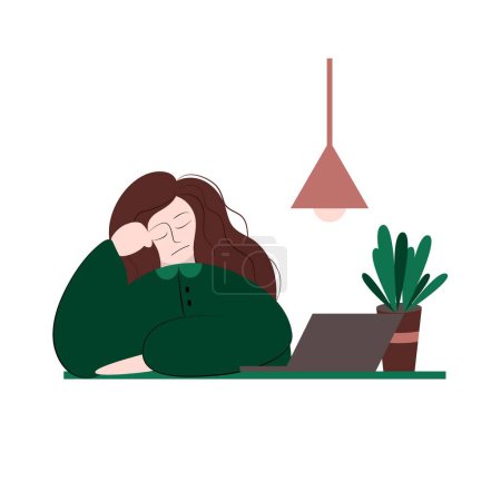 Illustration for Boring meeting or lesson, tired or sad girl, woman is sitting at the computer with pot flower and lamp. Vector flat illustration, isolated on a white. - Royalty Free Image