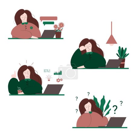 Illustration for Vector illustration set with office woman, student, blogger or working online person in different poses, happy, dream, bored, have idea, looking for solution. - Royalty Free Image