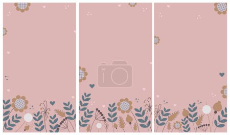 Téléchargez les illustrations : Abstraites couleurs douces fleurs sèches ensemble de milieux pour les médias sociaux, Instagram, TikTok ou vertical video story post. Illustration vectorielle plate. - en licence libre de droit
