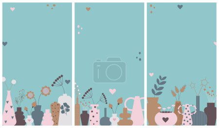 Téléchargez les illustrations : Abstraites couleurs douces fleurs sèches dans des vases ensemble de milieux pour les médias sociaux, Instagram, TikTok ou vidéo verticale post histoire. Illustration vectorielle plate. - en licence libre de droit