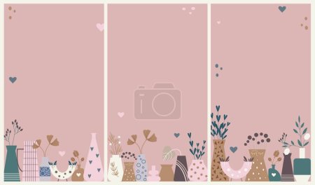 Téléchargez les illustrations : Abstraites couleurs douces fleurs sèches dans des vases ensemble de milieux pour les médias sociaux, Instagram, TikTok ou vidéo verticale post histoire. Illustration vectorielle plate. - en licence libre de droit