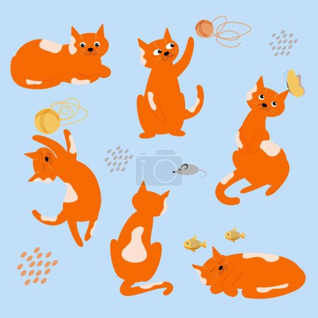 Téléchargez les illustrations : Vecteur mignon personnage de chat roux dans différentes poses ensemble, regarder, dormir, sauter, jouer, humeur heureuse et triste avec fil à tricoter, poisson et souris. - en licence libre de droit
