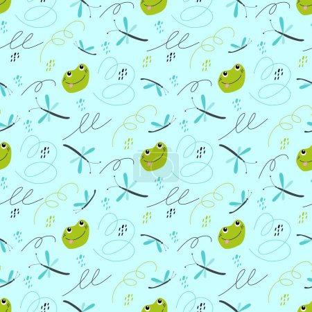 Seamless vector pattern with cute frog and dragonfly. Print for children textile, pack, fabric, wallpaper, wrapping on a blue background.