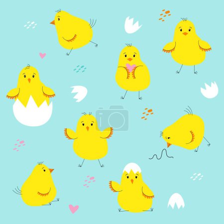 Vector lindo pequeño personaje de polluelo eclosionada de un huevo en diferentes poses conjunto, caminando, corriendo, mirando, pensando, bailando, de pie, picoteo, preguntándose, estado de ánimo feliz.
