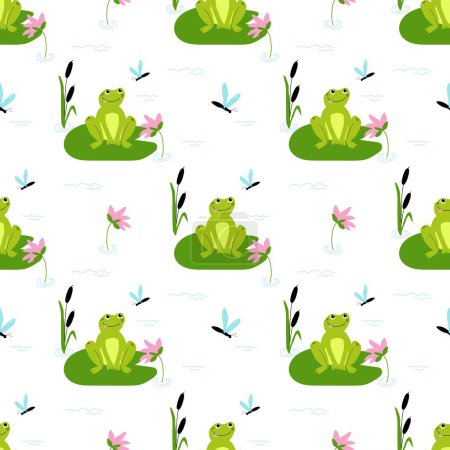 Seamless vector pattern with cute frog and dragonfly, lilies and reeds on the pond. Good print for children textile, pack, fabric, wallpaper, wrapping.