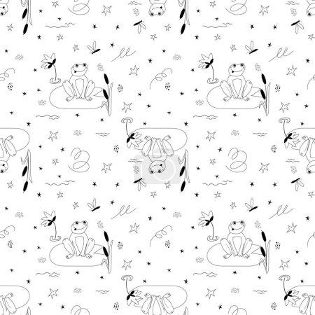 Seamless vector pattern with cute frog and dragonfly, lilies and reeds on the pond in graphic black and white style.