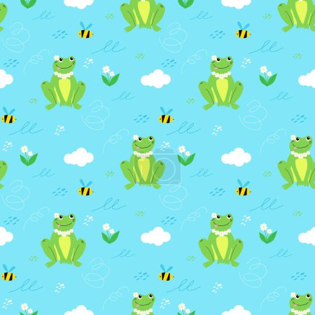 Seamless vector pattern with cute frog and bee, daisies and clouds. Print for children textile, pack, fabric, wallpaper or wrapping.