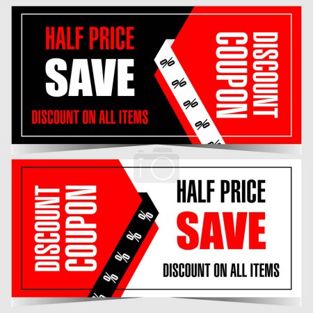 Photo for Discount coupon or discount ticket vector template for shopping, price reduction season, Black Friday and sale promo offer. Gift voucher design with promo code in red, black and white colors. - Royalty Free Image