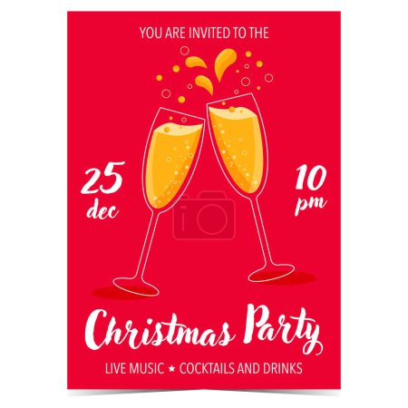 Photo for Christmas party invitation vector template. Christmas party banner, poster, invitation card or greeting card with two clinking glasses of champagne on red background. Christmas celebration invite. - Royalty Free Image