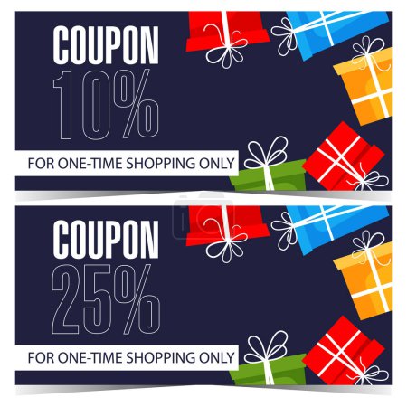Photo for Shopping discount coupon design template. Vector discount voucher, sale coupon, ticket or flyer for price reduction and special offer, indicating the rebate percentage with gift boxes on background. - Royalty Free Image