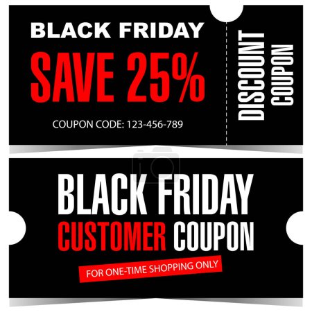 Photo for Black Friday discount coupon. Vector discount voucher, certificate, coupon, talon or flyer for shopping to save 25 percent of price. Ready to print illustration in black, white and red colours. - Royalty Free Image