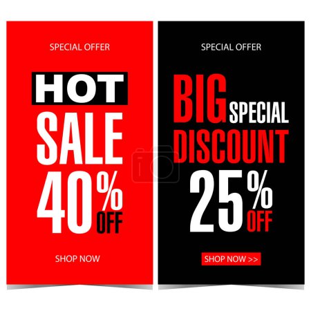Photo for Vector vertical sale and discount banner. Promotion and marketing poster, leaflet, flyer or booklet for shopping season, hot sale and special discount. Ready to print illustration in flat style. - Royalty Free Image