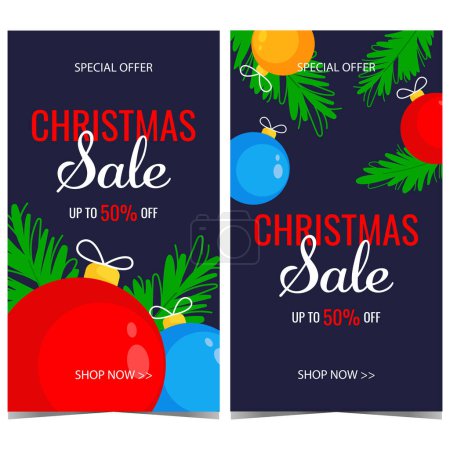 Photo for Christmas sale promotion poster or banner template. Vector illustration in flat style with Christmas decorations for announcement of shopping and discount season during Christmas and winter holidays. - Royalty Free Image