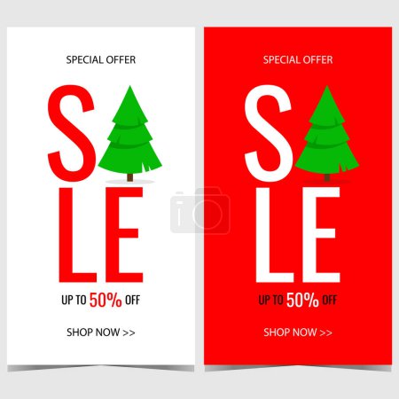 Photo for Christmas sale banner in minimalist modern style. Discount and sale poster design template with integrated Christmas tree or pine on red or white background. Vector illustration in flat style. - Royalty Free Image