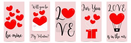 Photo for Saint Valentine's Day greeting postcards with red balloon hearts, gift box and romantic love text. Set of vector illustrations for celebration of the Feast of Saint Valentine on February 14. - Royalty Free Image