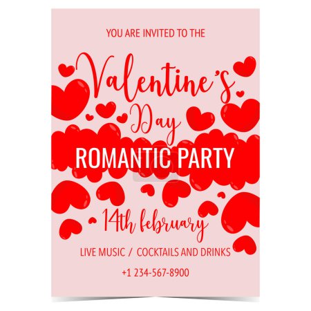Photo for Saint Valentine's Day romantic party invitation card on February 14. Vector design template for the Feast of Saint Valentine celebration with the cloud of red inflatable hearts. - Royalty Free Image
