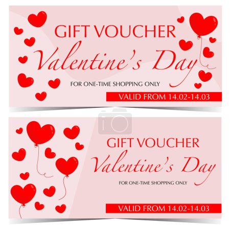 Photo for Gift voucher for Saint Valentine's Day. Vector gift certificate design template for Feast of Saint Valentine on February 14. Romantic gift card for loved ones with red inflatable balloon hearts. - Royalty Free Image