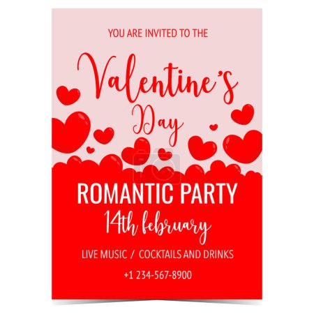 Photo for Valentine's Day invitation card, invite banner or poster for romantic party, love show, dance evening or disco night on February 14 with cloud of red inflatable balloon hearts. Vector illustration. - Royalty Free Image
