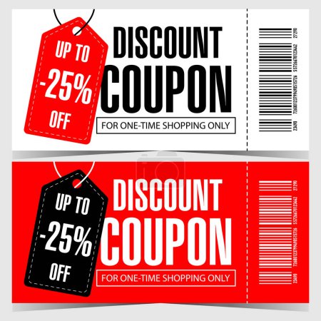 Téléchargez les photos : Discount coupon with tag or label indicating the percent of the price discount. Vector illustration in flat style in white, red and black colours for sale promotion and shopping season. - en image libre de droit