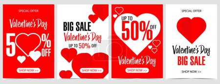 Valentinstag Verkauf Banner Design-Vorlage mit roten und weißen Herzen. Werbeplakat, Broschüre oder Flyer für Rabatte und Einkäufe während des Valentinstags am 14. Februar. Vektorillustration.