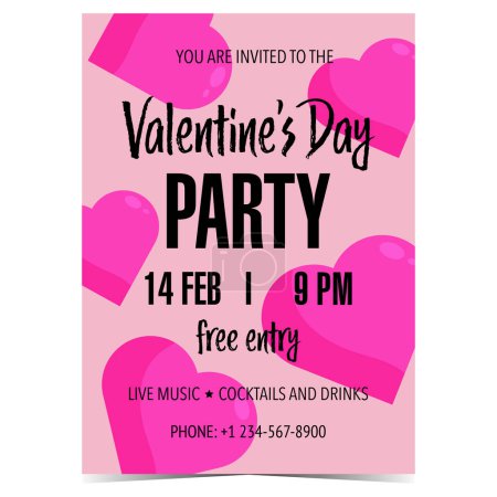 Photo for Valentine's Day party banner invitation with pink hearts for celebration of Feast of Saint Valentine on February 14. Romantic party promotion poster. Vector illustration in flat style. Ready to print. - Royalty Free Image