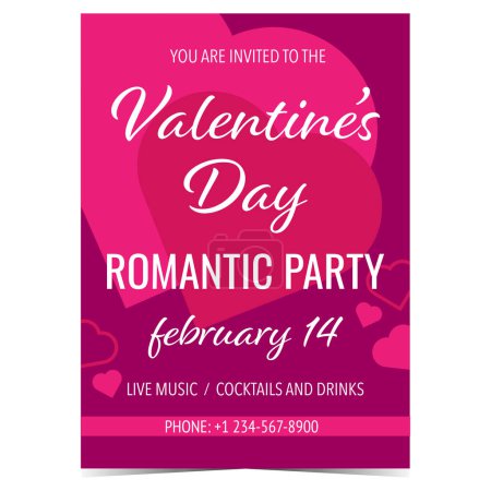Photo for Valentine's Day romantic party invitation to celebrate the Feast of Saint Valentine on February 14. Invitation and promotion banner or poster with pink hearts. Vector illustration. Ready to print. - Royalty Free Image