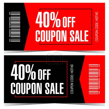 Photo for Discount coupon, voucher, ticket, flyer, token, talon or certificate with 40 percent price off for sale and shopping season. Flat vector illustration in red and black colours. Ready to print. - Royalty Free Image