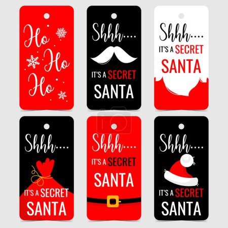 Illustration for Vector illustrations of Secret Santa labels and tags in red, black and white colours with Christmas elements, mustache and beard of Santa Claus, bag with Christmas gifts, Santa's red hat and suit. - Royalty Free Image