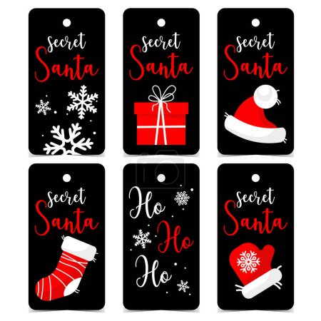 Illustration for Secret Santa tag or label with Christmas elements such as gift or present, Christmas stocking, red Santa Claus mittens and hat on black background. Vector illustration in flat style. - Royalty Free Image