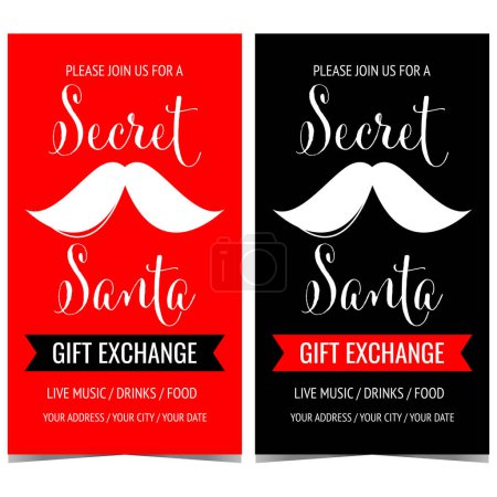 Photo for Secret Santa gift exchange invitation. Vector illustration of banner, poster or postcard for Christmas Secret Santa gift-giving party with mustache of Santa Claus on red or black background. - Royalty Free Image